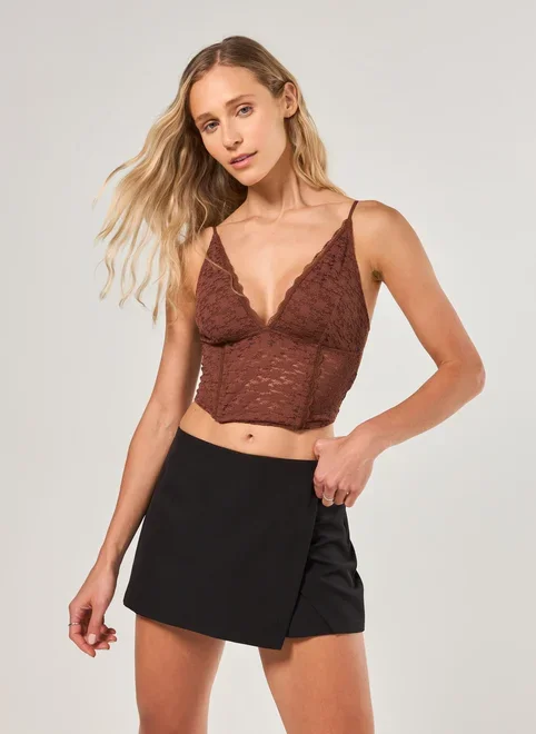Cropped Corselet Renda Marrom