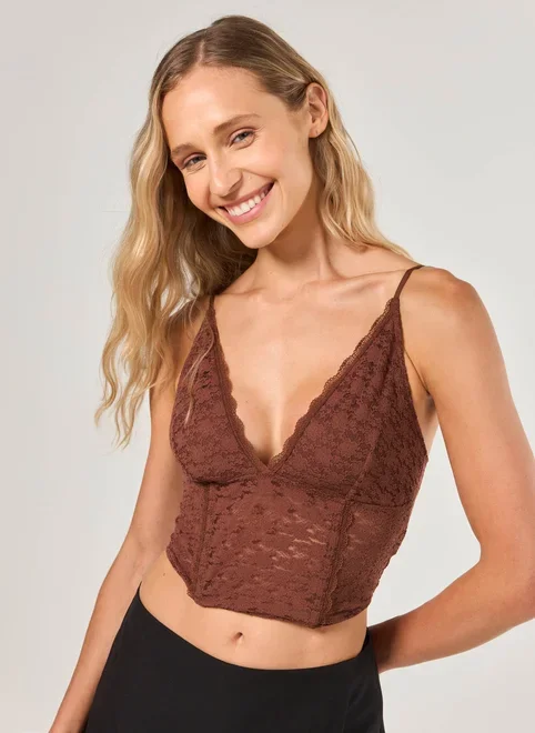 Cropped Corselet Renda Marrom