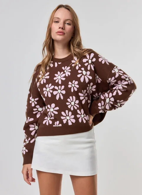 Blusa Box Manga Longa Tricô Flores