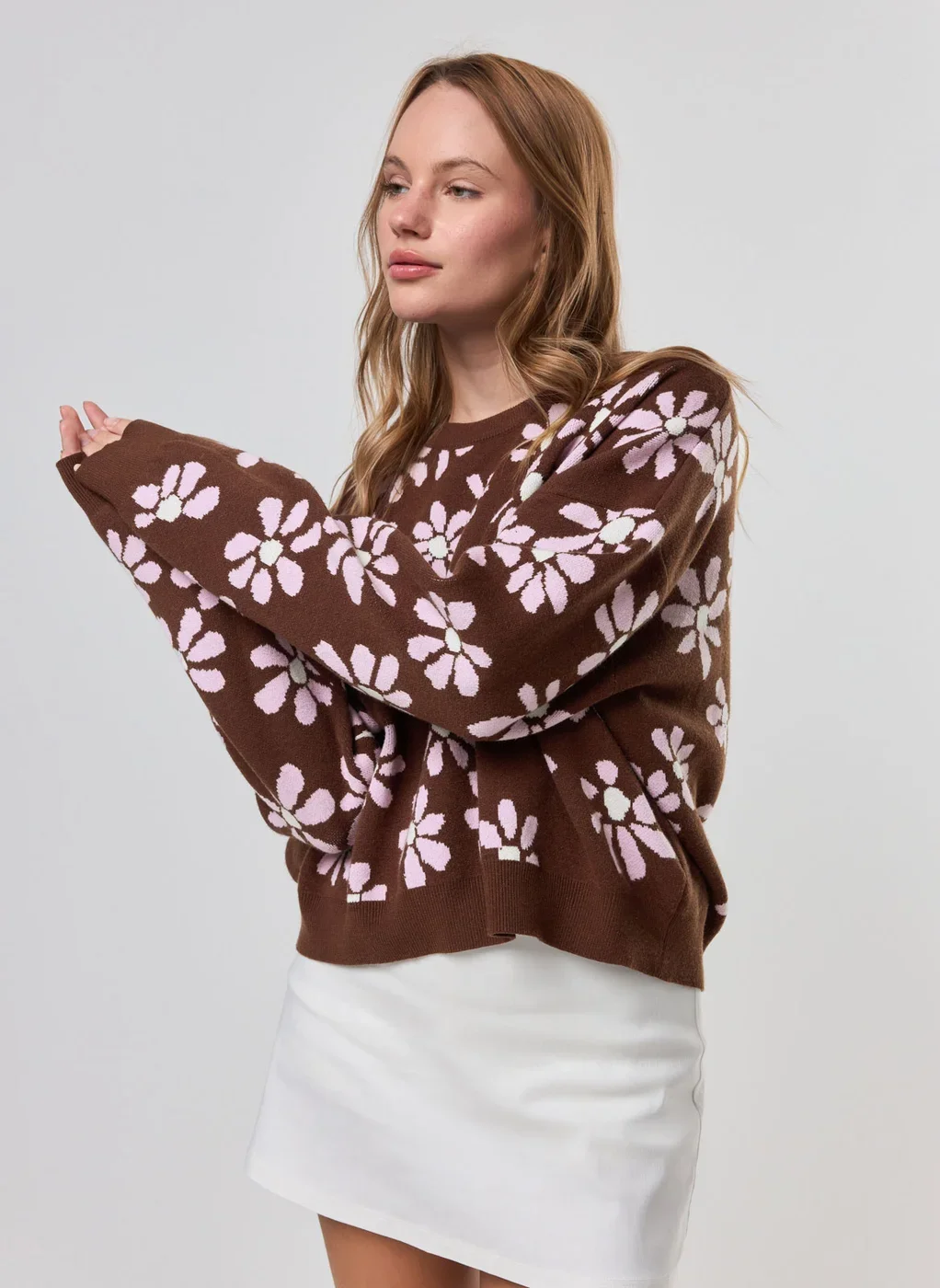 Blusa Box Manga Longa Tricô Flores