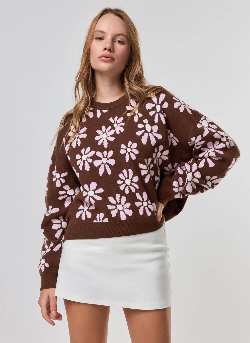 Blusa Box Manga Longa Tricô Flores