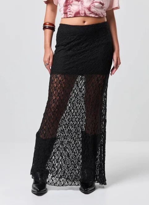 Saia Midi Alongada Renda Preta
