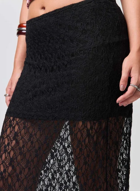 Saia Midi Alongada Renda Preta