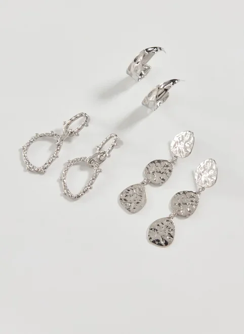 Conjunto 3 Brincos Martelados Prateados