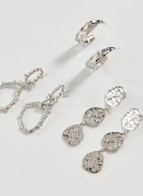 Conjunto 3 Brincos Martelados Prateados