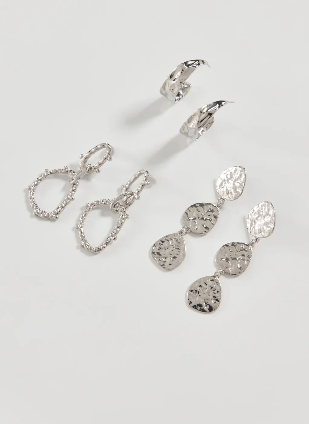 Conjunto 3 Brincos Martelados Prateados