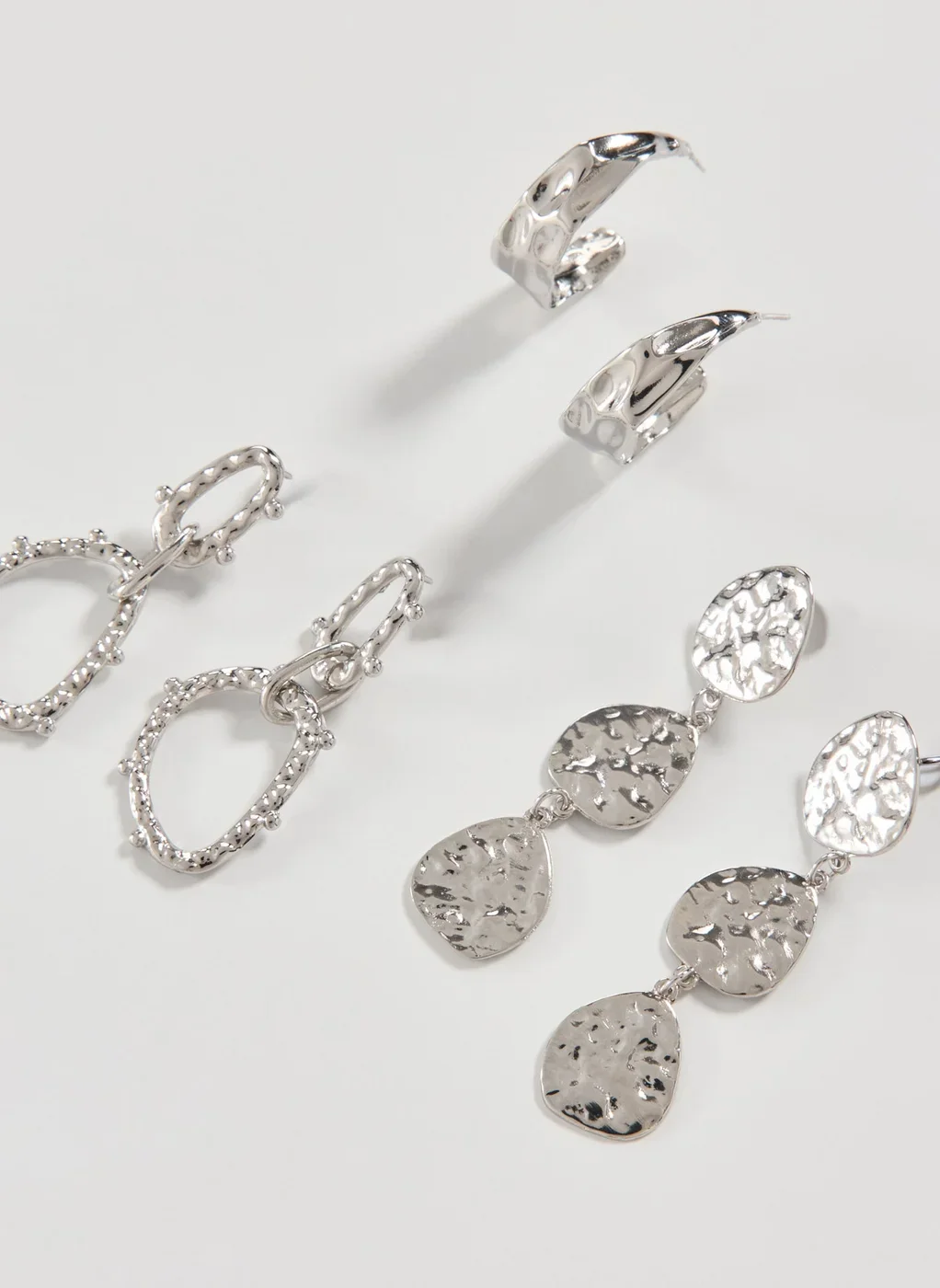 Conjunto 3 Brincos Martelados Prateados