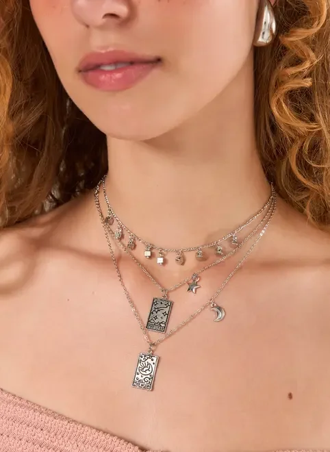 Conjunto 3 Colares Prateados Tarot