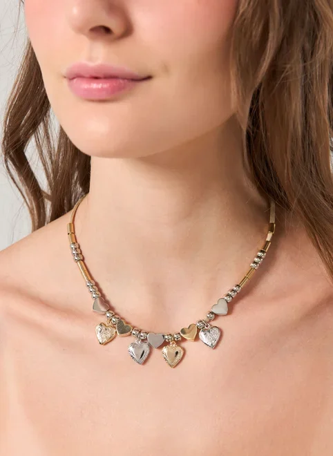 Colar Corações Prateado E Dourado