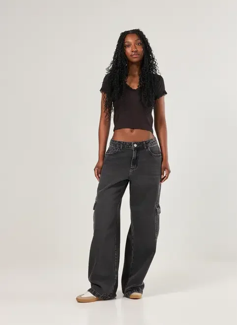 Calça Jeans Black Wide Leg Cintura Baixa