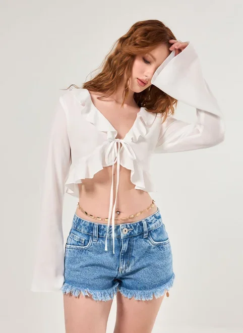 Cropped Manga Longa Chiffon Babados