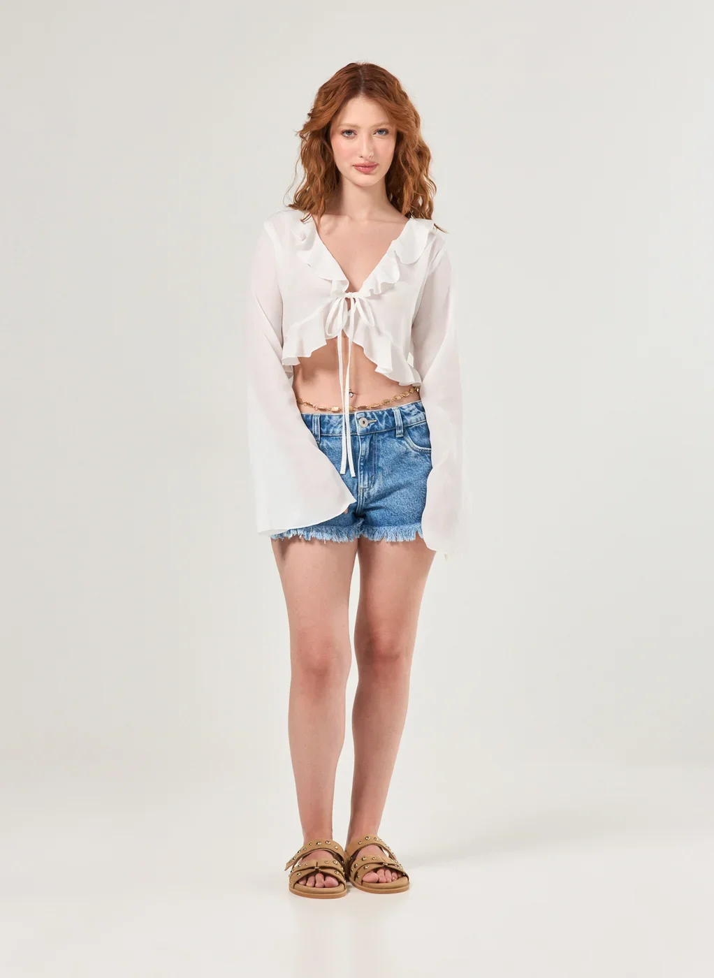 Cropped Manga Longa Chiffon Babados