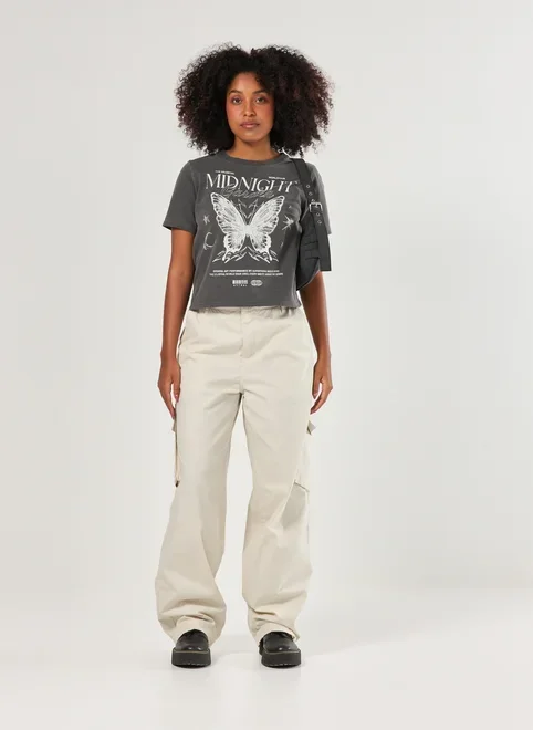 Calça Sarja Baggy Cargo Areia