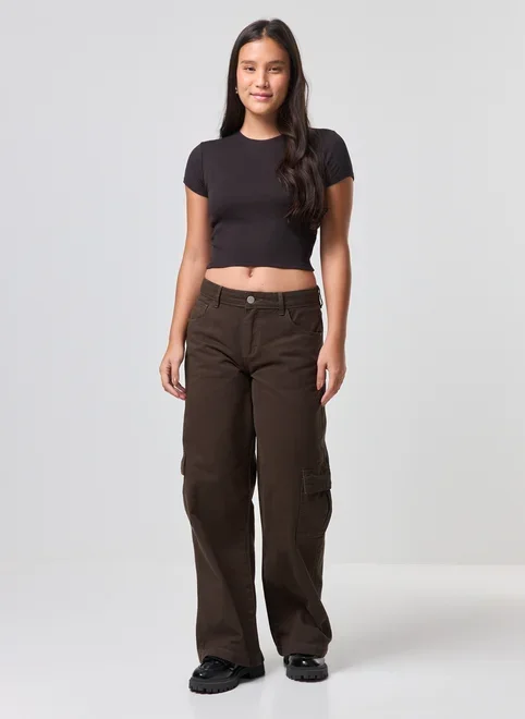 Calça Sarja Wide Leg Cargo