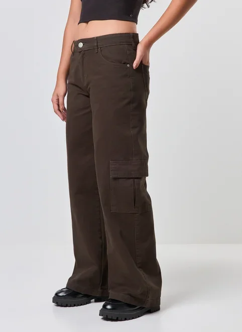 Calça Sarja Wide Leg Cargo