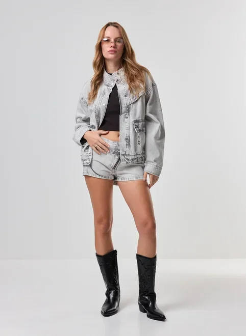 Jaqueta Oversized Jeans Cinza Gola Alta