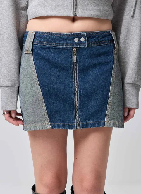 Saia Jeans Cintura Baixa Bicolor