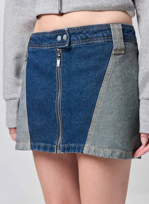 Saia Jeans Cintura Baixa Bicolor