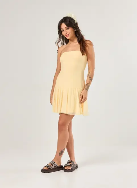 Vestido Sem Alça Tule Amarelo Manteiga