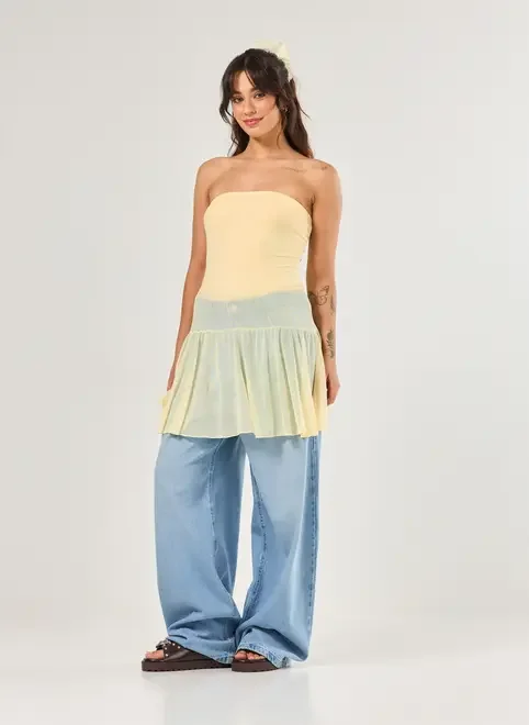 Vestido Sem Alça Tule Amarelo Manteiga