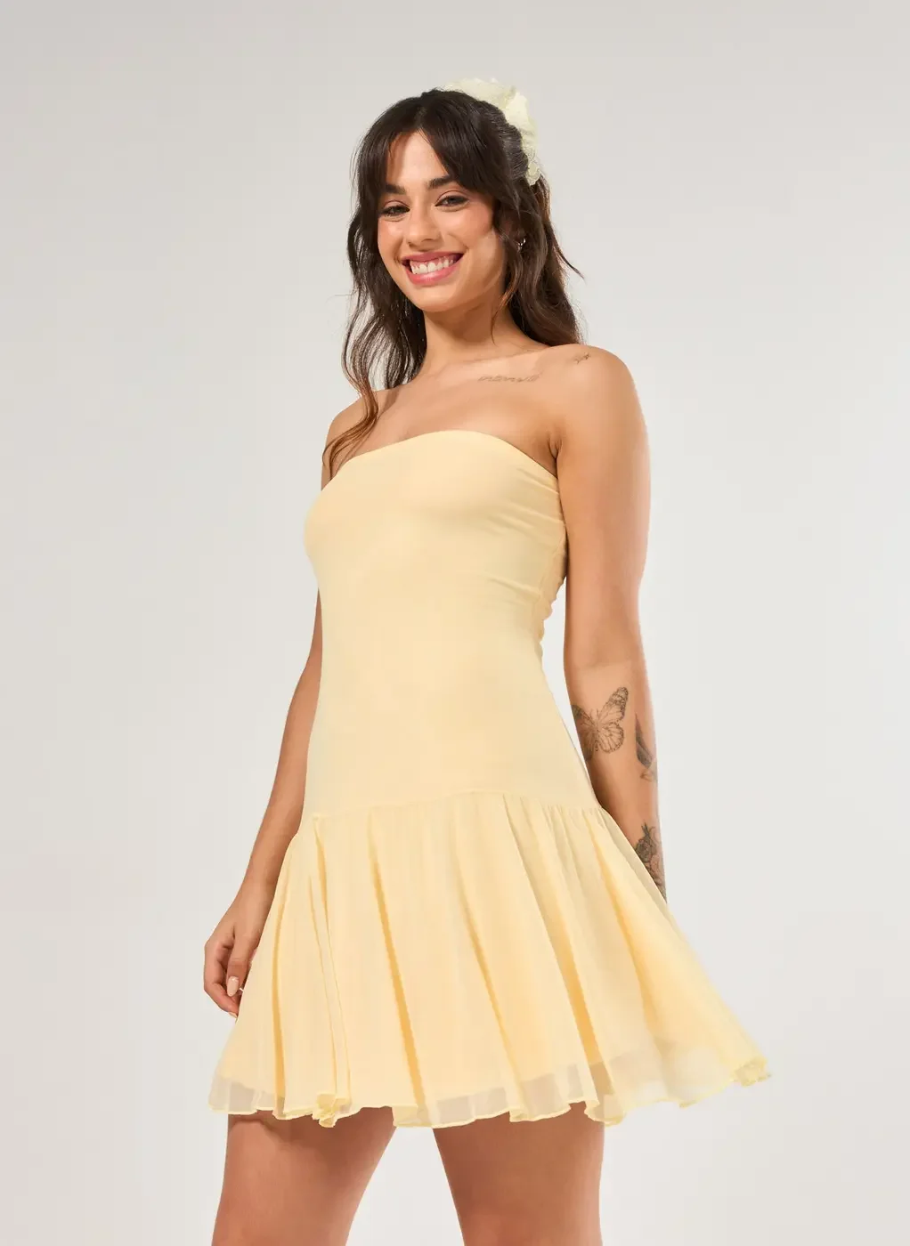 Vestido Sem Alça Tule Amarelo Manteiga