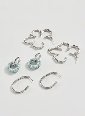 Conjunto 3 Brincos Prateados Argola Flor