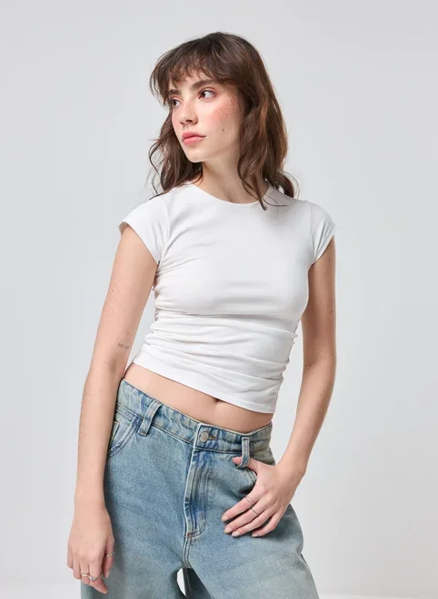 Blusa Manga Curta Off‑White Franzido