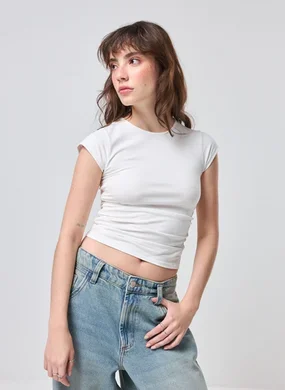 Blusa Manga Curta Off‑White Franzido