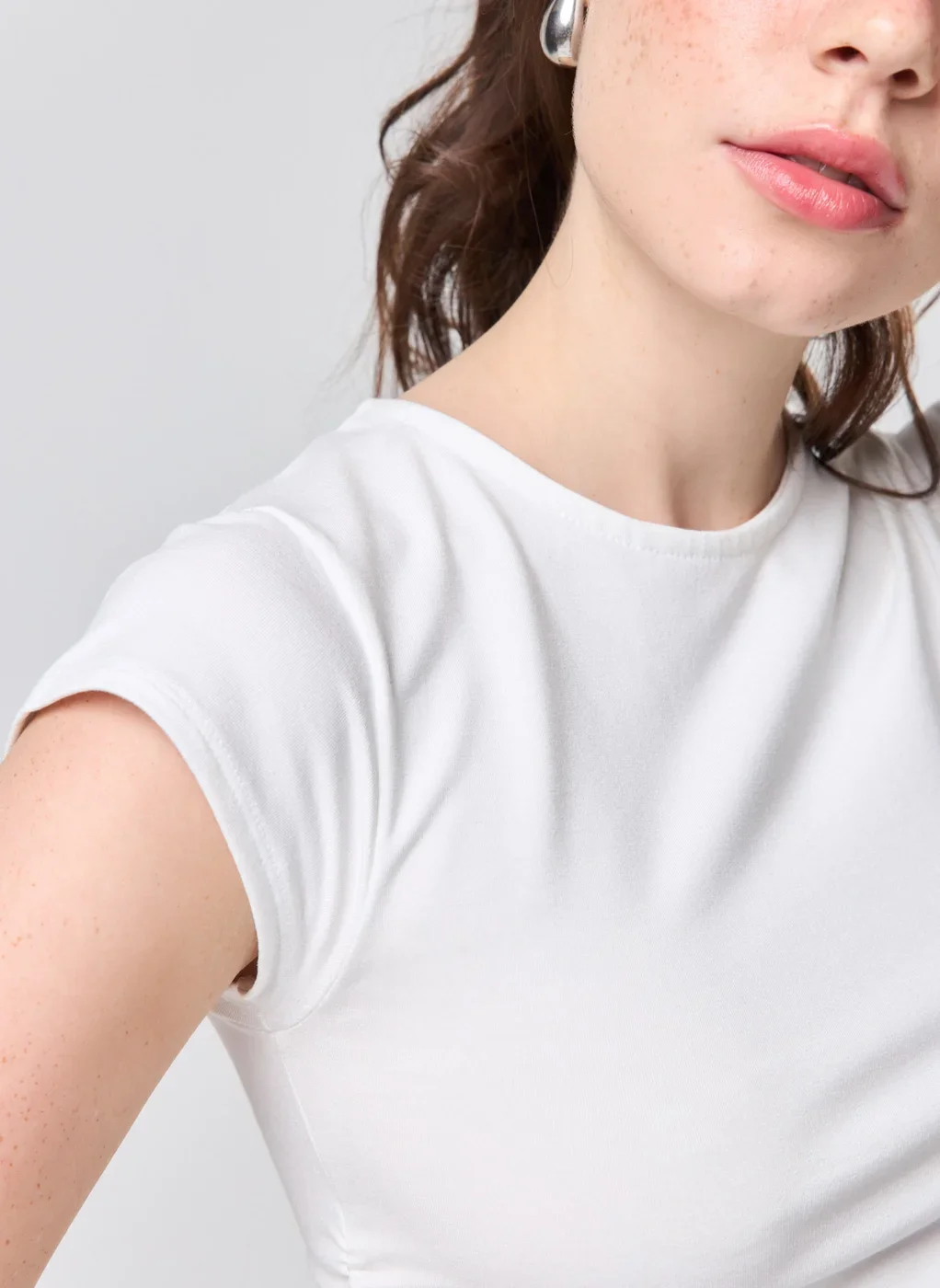 Blusa Manga Curta Off‑White Franzido