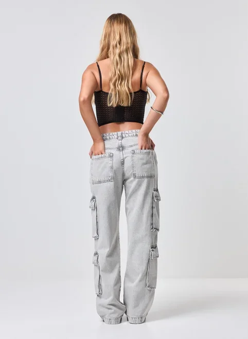 Calça Jeans Wide Leg Bolsos