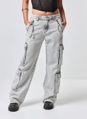 Calça Jeans Wide Leg Bolsos