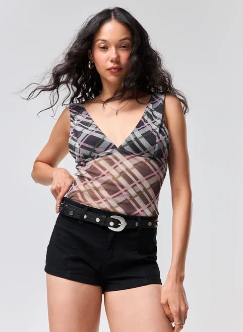 Blusa Tule Xadrez Decote V