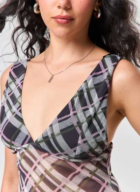 Blusa Tule Xadrez Decote V