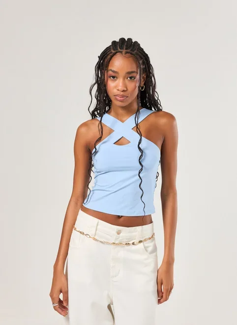 Cropped Azul Poliamida Decote Cruzado