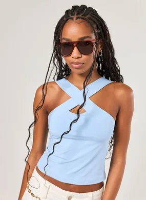 Cropped Azul Poliamida Decote Cruzado