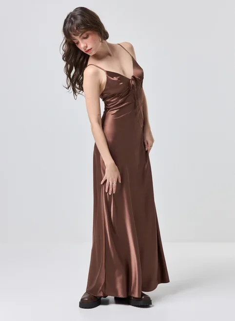 Vestido Midi Cetim Marrom Amarração