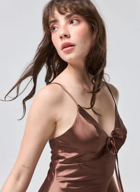 Vestido Midi Cetim Marrom Amarração