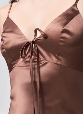 Vestido Midi Cetim Marrom Amarração