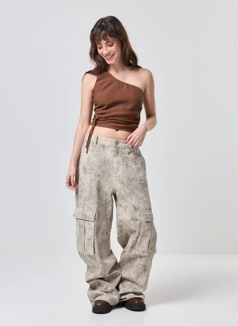 Blusa Ombro Único Marrom Aviamento