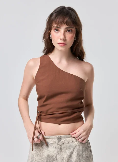 Blusa Ombro Único Marrom Aviamento