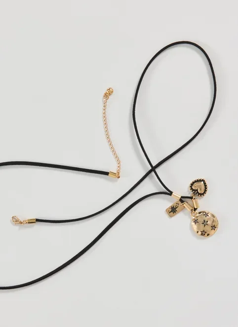 Colar Suede Pingentes Dourados