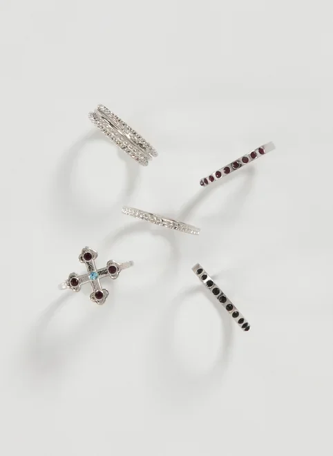 Conjunto 5 Anéis Prateados Strass Coloridas