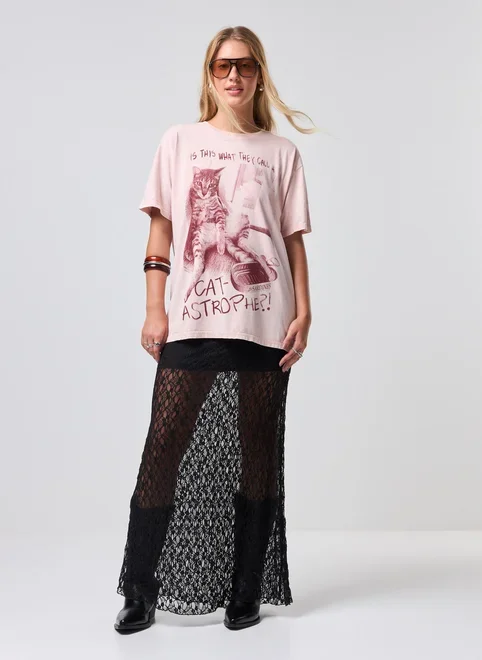 Camiseta Oversized Rosa Gato