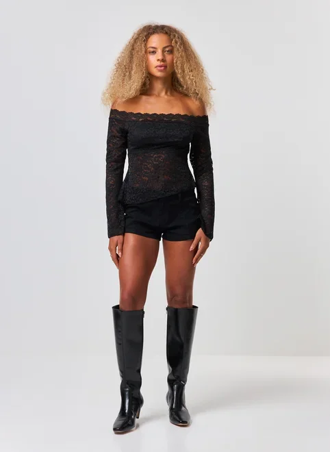 Blusa Manga Longa Ombro A Ombro Renda