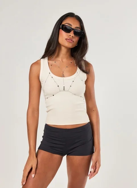 Top De Corrente Prateado Bolinhas