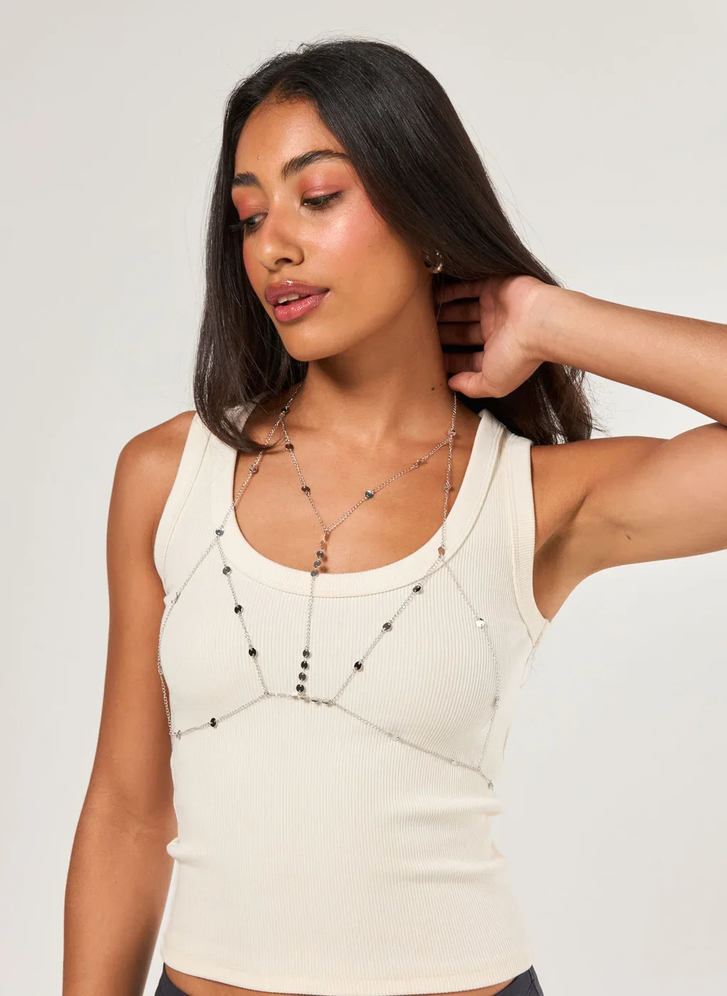 Top De Corrente Prateado Bolinhas