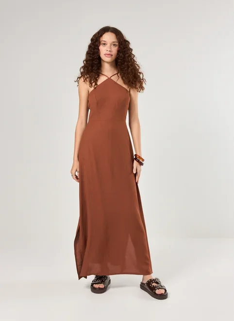 Vestido Midi Halter Marrom