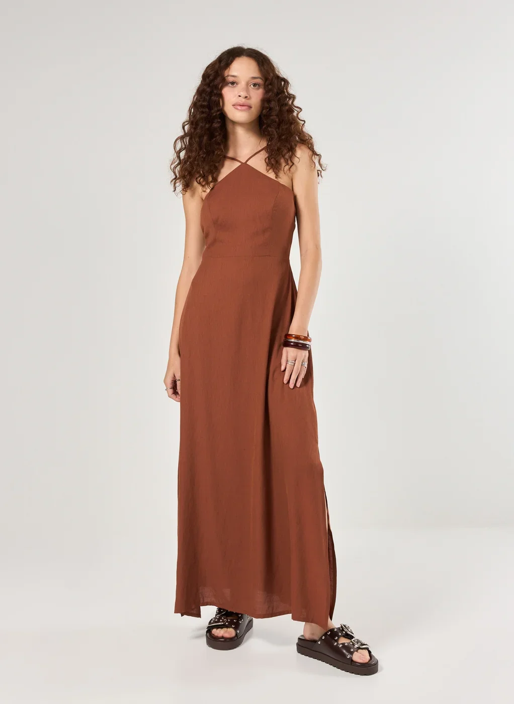 Vestido Midi Halter Marrom