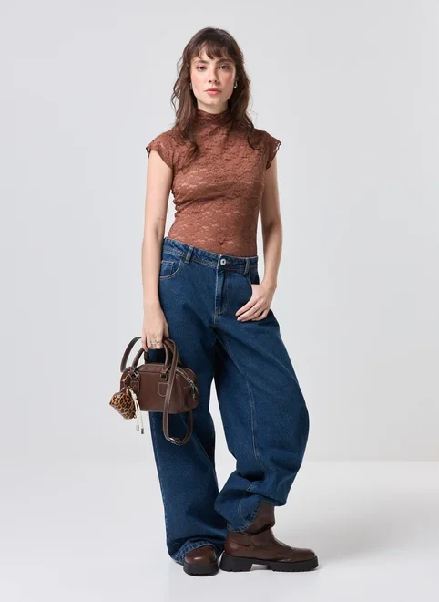 Body Renda Marrom Gola Alta