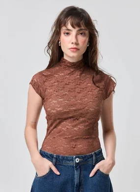 Body Renda Marrom Gola Alta